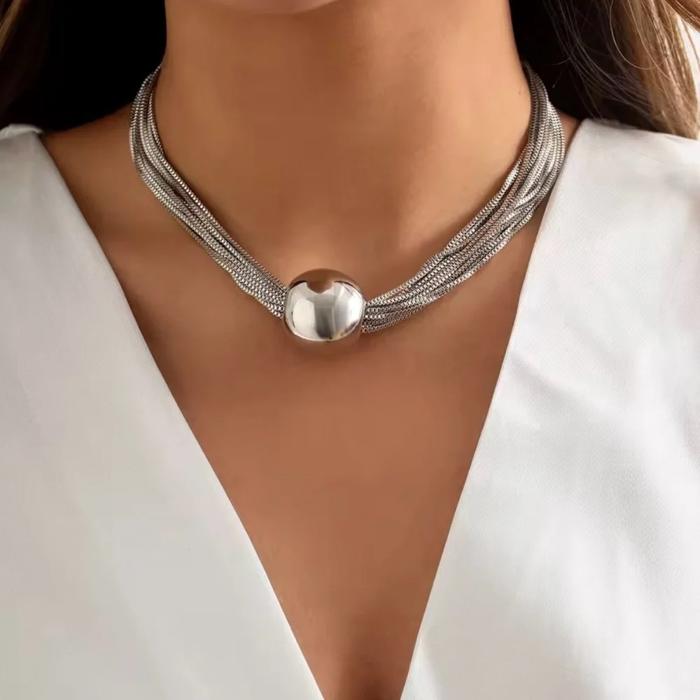 NEW SILVER STATEMENT MULTISTRAND SNAKE CHAIN NECKLACE BALL SPHERE CHOKER PENDANT - Picture 4 of 4